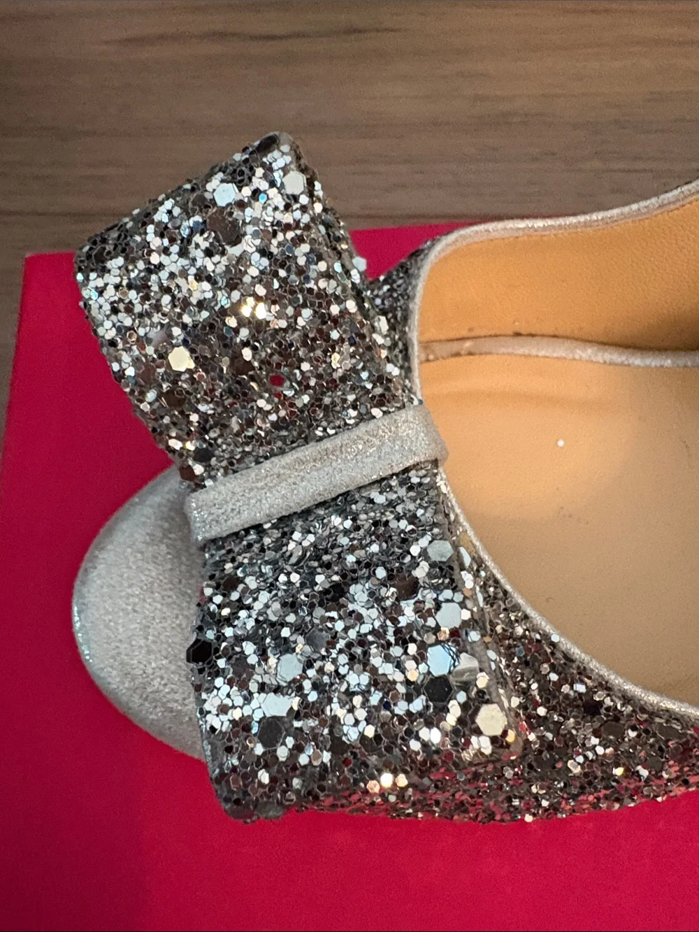 Kate Spade Silver Glitter Slingback Heels with Bow Detail - Picture 2 of 5
